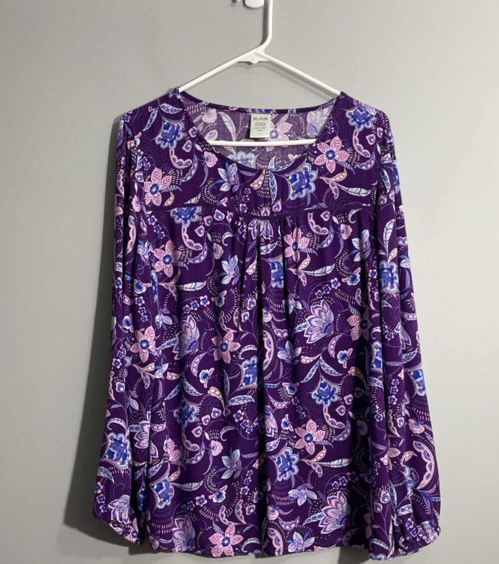 Blair Women’s Large Violet Floral Top Botanical Mystic Bloom Moody Feminine